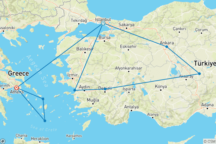 Carte du circuit OTTOMAN : Istanbul, Ankara, Cappadoce, Pamukkale, Éphèse, Izmir, Athènes, Mykonos, Santorin et bien plus encore.