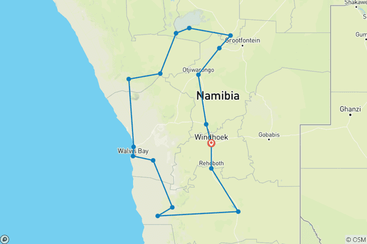 Mapa de 10 Días Belleza de Namibia | Auto Circuito Camping