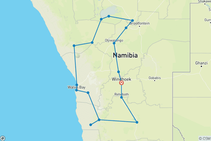Karte von Schönheit Namibias mit dem Auto & Camping 10 Tage