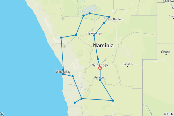 Karte von Schönheit Namibias mit dem Auto & Camping 10 Tage