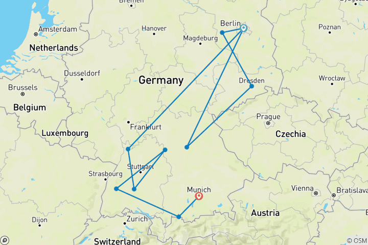 Map of Highlights of Germany (Base, 8 Days)