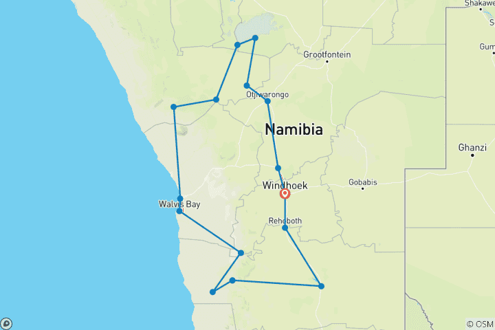 Mapa de 10 Días Belleza de Namibia | Acampada Privado Guiado