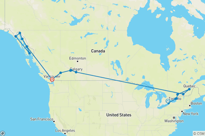 Carte du circuit Merveille de l'Est du Canada et des Rocheuses avec croisière en Alaska Toronto à Vancouver (2025)