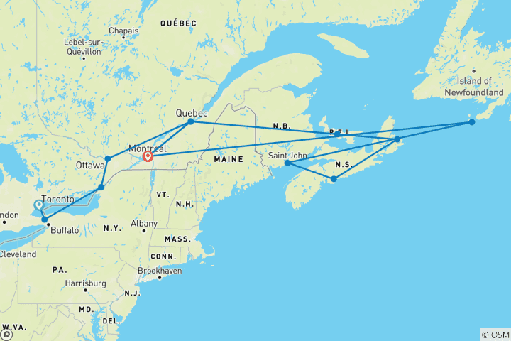 Carte du circuit Croisière circulaire dans l'Est du Canada et la Nouvelle-Angleterre de Toronto à Montréal (2025)