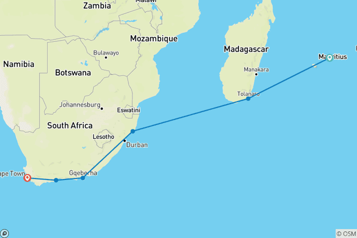 Carte du circuit Norwegian Dawn : Afrique du Sud - Croisière en Afrique du Sud et baignade à l'île Maurice