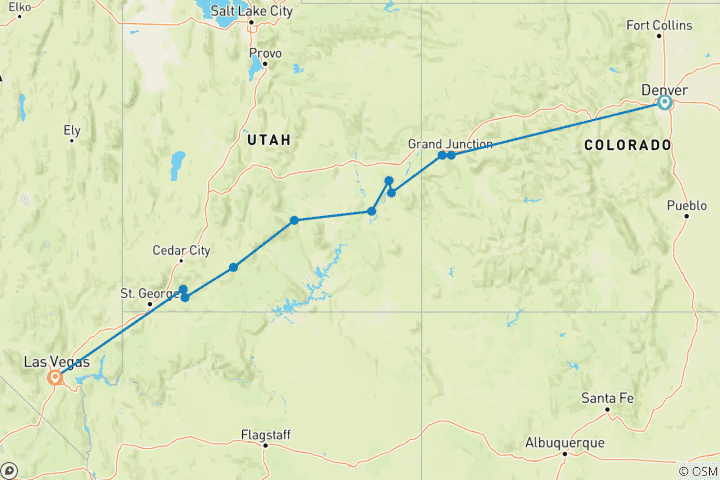 Karte von Canyons of the West mit die fünf Nationalparks von Utah (Denver, CO bis Las Vegas, NV)