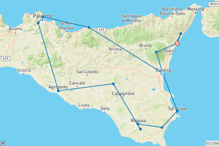 Carte du circuit Le meilleur de la Sicile de Catane à Taormine - 10 jours