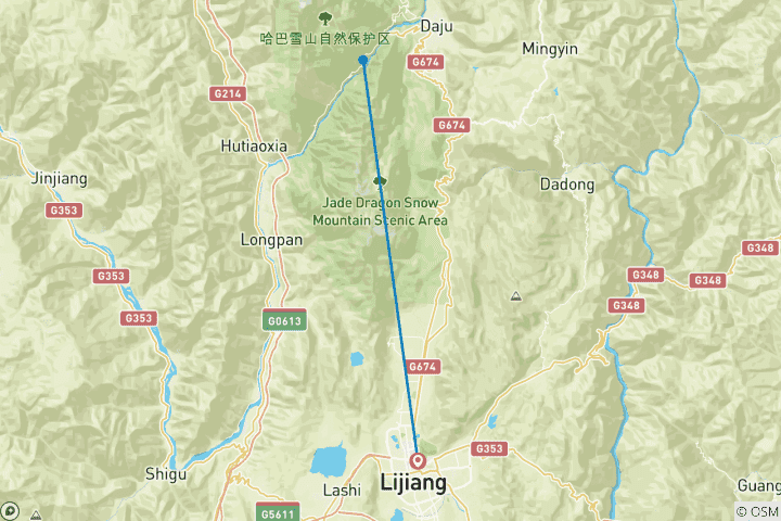 Map of 4-Day Old Town of Lijiang & Mt. Yulong Tour