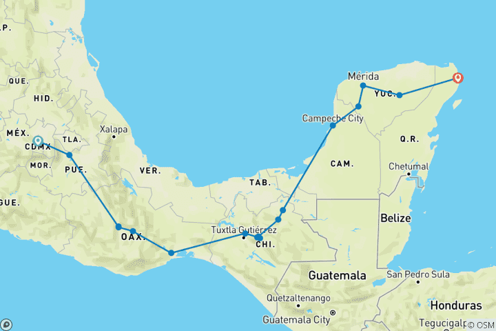 Carte du circuit Merveilles du Mexique, de Mexico à Cancun