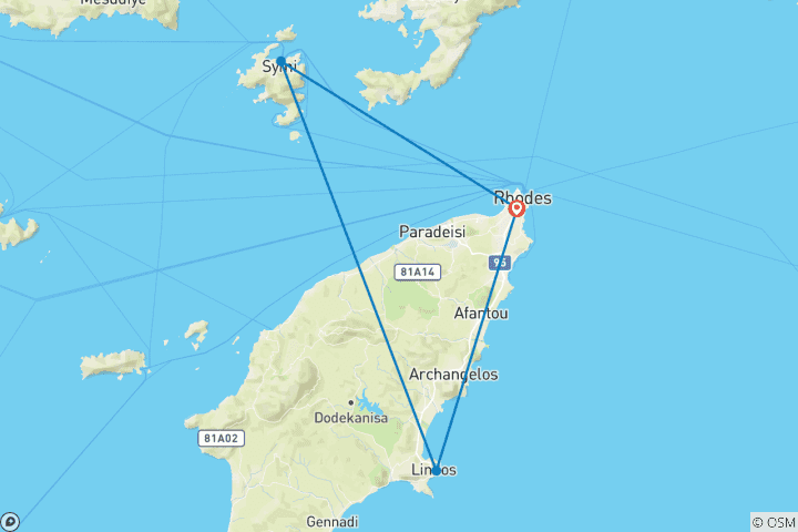 Map of 5 Day Rhodes including cruises to Symi Island, Anthony Quinn Bay and Lindos