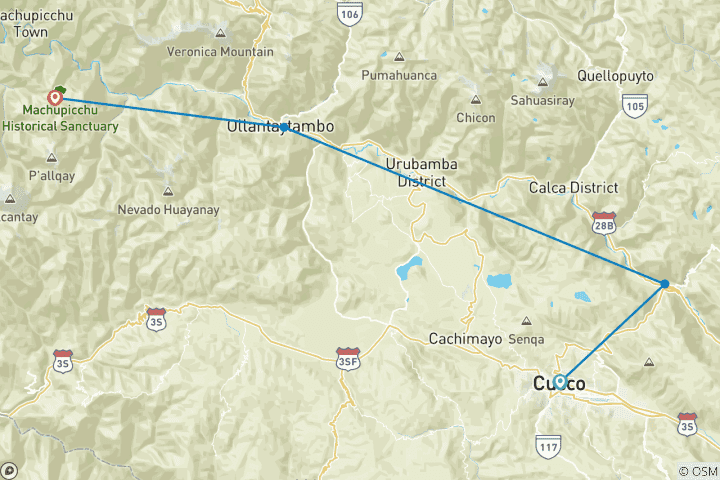 Carte du circuit Vallée sacrée, Machu Picchu et Huayna Picchu 2 jours / 1 nuit