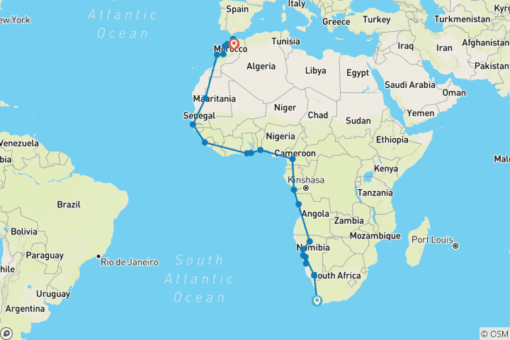 Map of Cape Town to Fes (23 weeks) Trans Africa