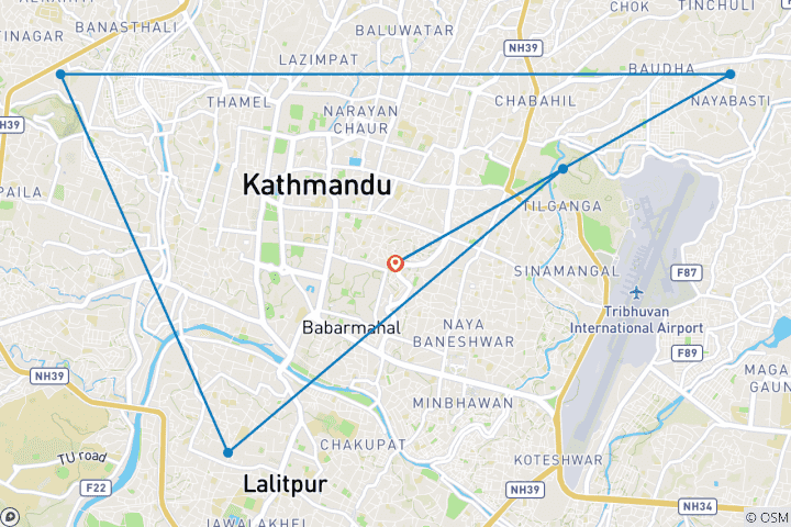 Map of 4 UNESCO sites tour of Kathmandu