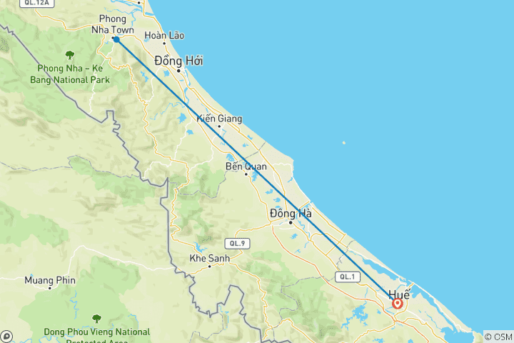 Mapa de Circuito de un día por el río Chay y las cuevas oscuras desde Hue