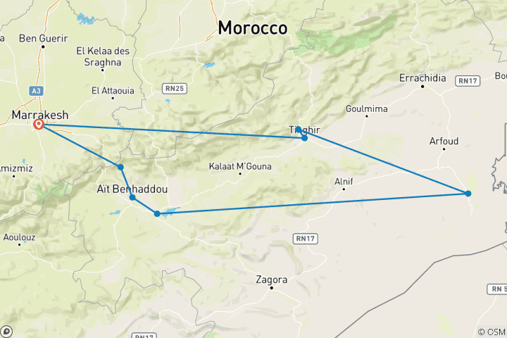 Map of 4 Days / 3 Nights Merzouga Sahara Desert Explore