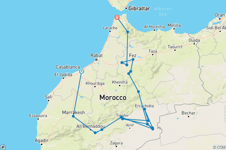 Karte von Marokko: Von Casablanca nach Chefchaouen - Wüsten-Camp Privatreise 12 Tage