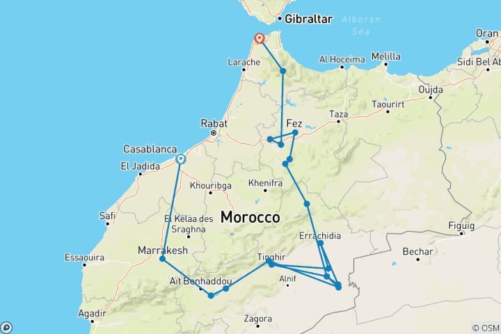 Kaart van 12-daagse privéreis Marokko van Casablanca naar Chefchaouen Keizerlijke Steden Woestijn Tour Camp