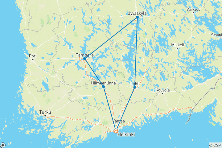 Map of Finland road trip: Lakeland Adventures & Sauna Feelings