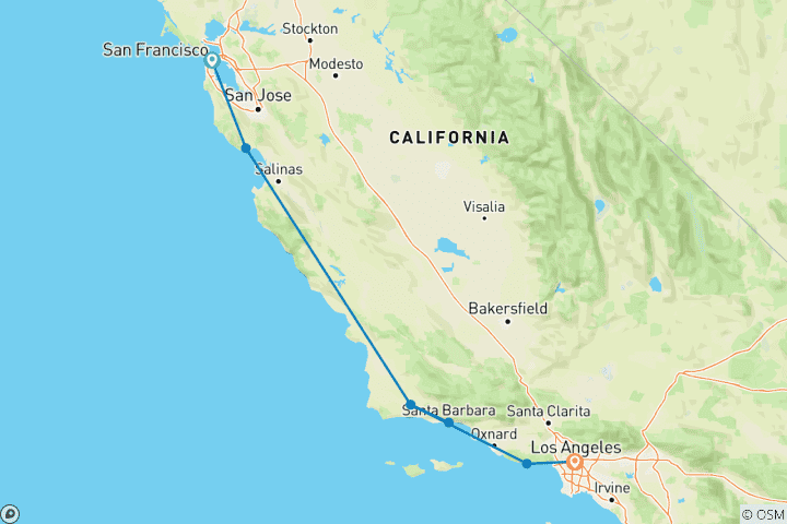 Mapa de Viaje por carretera a California: el Golden Gate se encuentra con Hollywood Hills