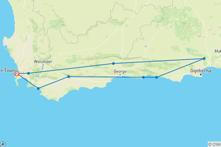 Map of South Africa road trip: Garden Route Wildlife & Addo Glamping