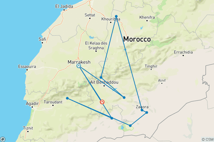 Carte du circuit Meilleur circuit de 5 jours dans le désert au départ de Marrakech : Erg Lihoudi & Erg Chigaga