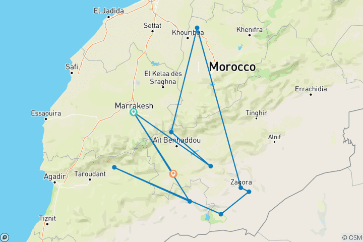 Map of Best Desert tour from Marrakech: 5-Day To Erg Lihoudi & Erg Chigaga Desert Tour