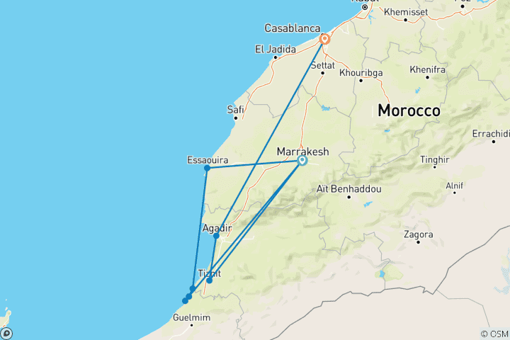 Map of Private Morocco Tour From Marrakech: 8-Day To Essaouira Taghazout & Mirleft Tour