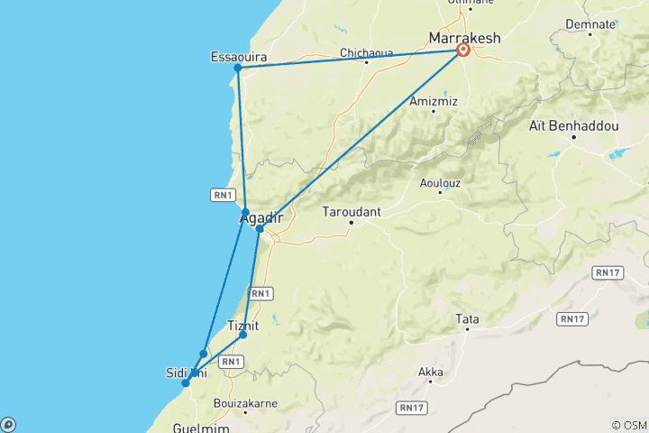 Carte du circuit Circuit privé au Maroc de Marrakech à Agadir 8 jours Essaouira et Taghazout