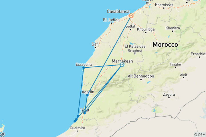 Karte von Private Marokko Tour von Marrakesch 8-Tage nach Essaouira Taghazout & Mirleft Tour