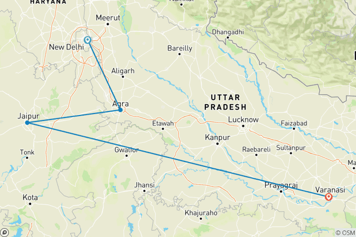 Map of 8 Days Golden Triangle Tour with Varanasi Spiritual!!