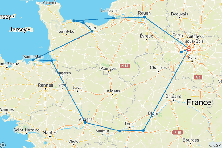 Kaart van 6 dagen rondleiding met gids – transfer vliegveld/hotel heen&terug + 3 dagen rondleiding door Normandië + rondleiding door Versailles (PVM3OR)