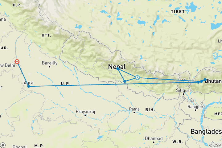 Carte du circuit 13 nuits 14 jours Népal Bhoutan Inde 2024-2026