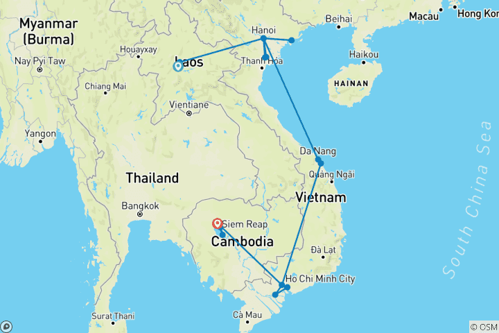 Carte du circuit Trésors d'Indochine : Un voyage de 16 jours à travers le Laos, le Vietnam et le Cambodge