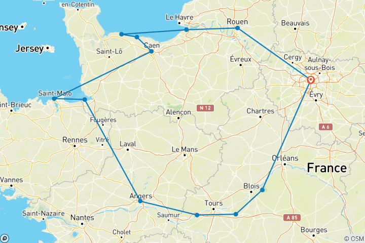 Carte du circuit 3 jours de visite guidée de la Normandie, du Mont Saint-Michel et des châteaux de la Loire au départ de Paris, avec prise en charge à l'hôtel (NBC3F)