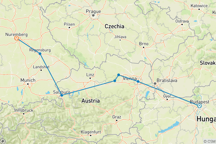 Carte du circuit Marchés de Noël du Danube 2024 - 8 jours (from Budapest to Nuremberg)