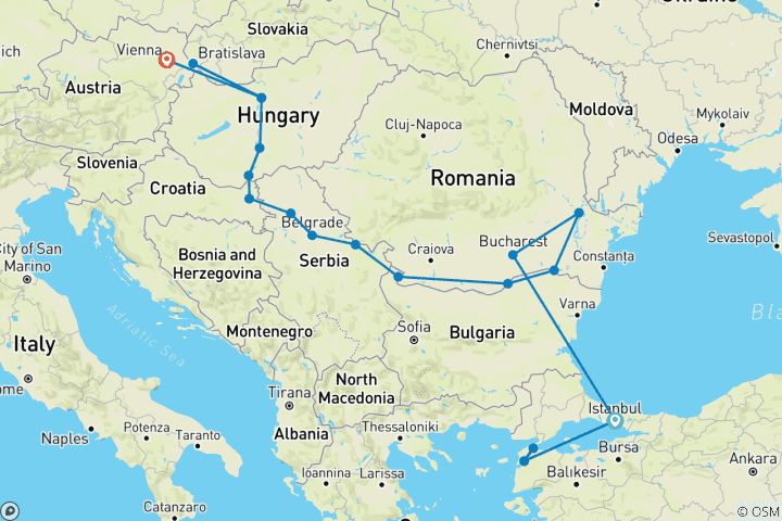 Mapa de Descubrimiento del Bajo Danubio con Viena y Estambul 2025|2026 - 24 Días