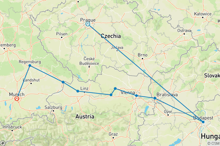 Map of Danube Christmas Markets with Prague 2025 - 11 Days (from Prague to Munich)