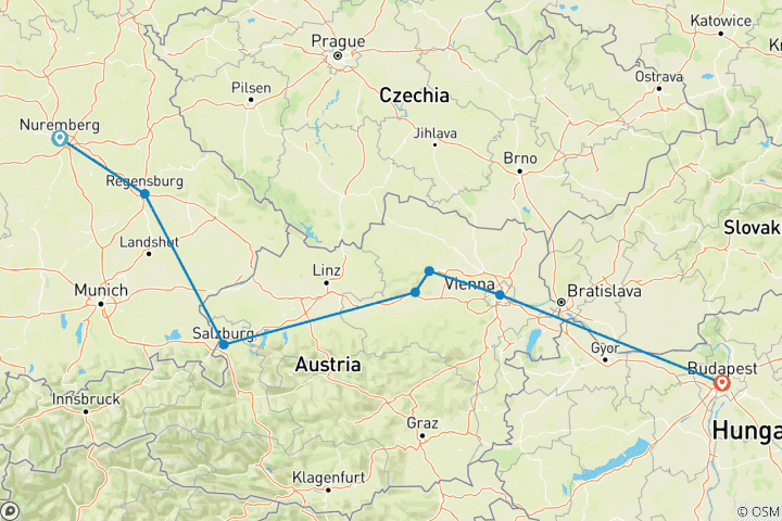 Carte du circuit Marchés de Noël du Danube 2024 - 8 jours (from Nuremberg to Budapest)