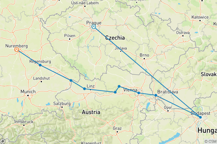 Karte von Donau Weihnachtsmärkte mit Nürnberg & Prag 13 Tage