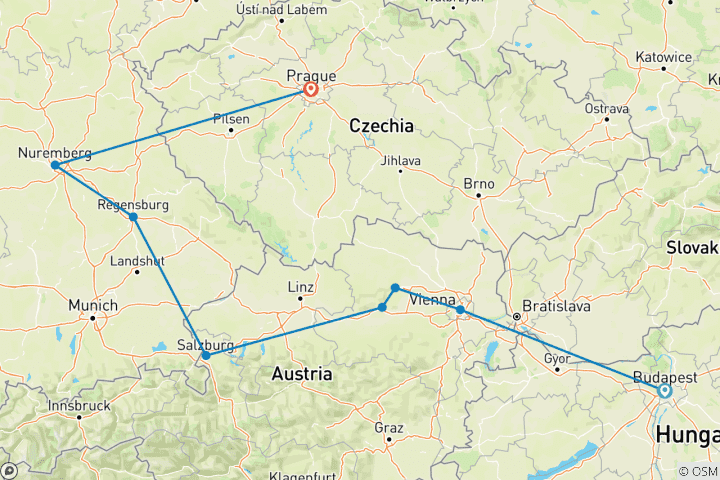 Carte du circuit Marchés de Noël du Danube avec Prague 2024 - 11 jours (from Budapest to Prague)