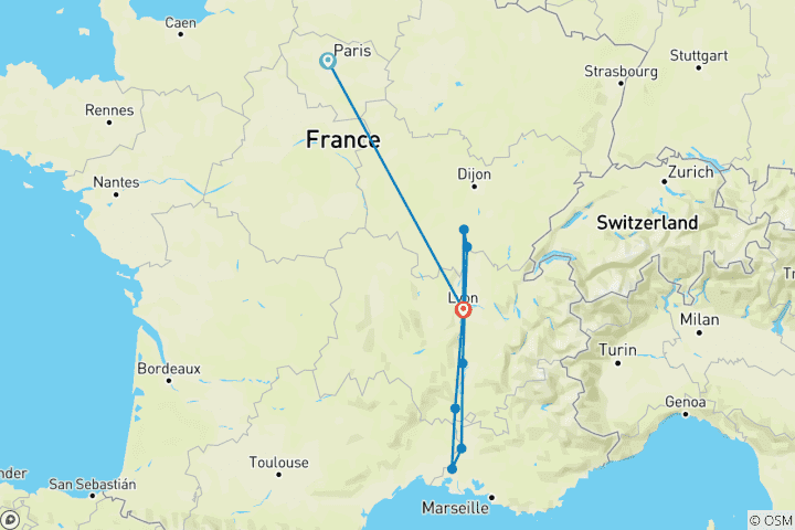 Carte du circuit Le sud de la France avec les hauts lieux de Paris 2025