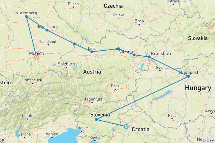 Karte von Donau in der Tiefe mit Ljubljana & Zagreb 14 Tage (von Zagreb bis München)