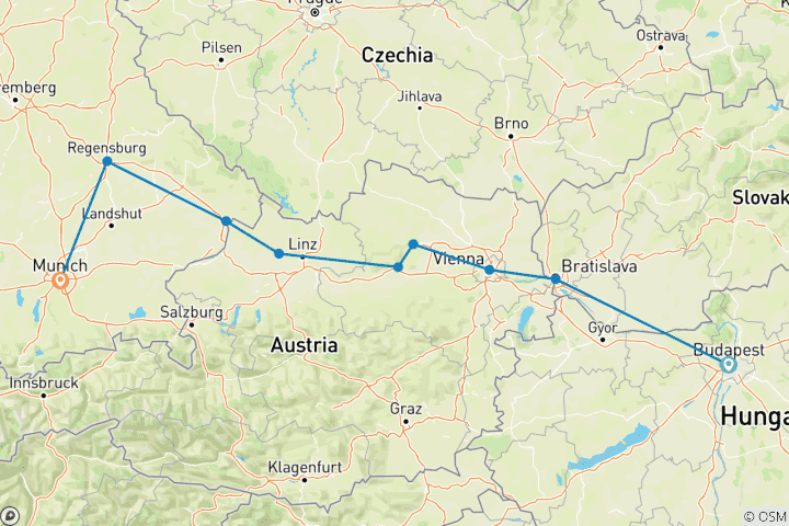 Carte du circuit Les joyaux du Danube avec Munich 2025 - 10 jours (from Budapest to Munich)