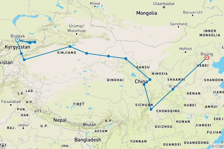 Mapa de De Bishkek a Pekín (36 días)