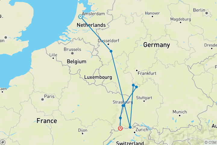 Kaart van Kerstmarkten aan de Rijn 2024|2025|2026 - 8 Dagen (van Amsterdam naar Bazel)