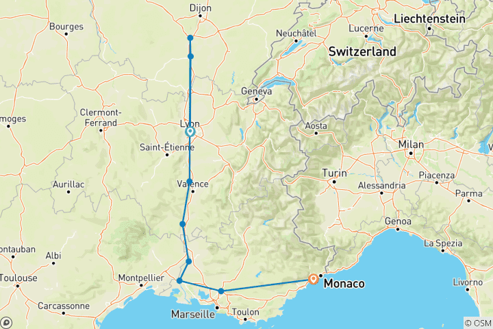 Map of Sensations of Lyon and Provence & Aix-en-Provence (from Lyon to Nice)