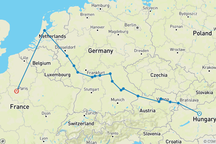 Map of Christmas Markets of Europe & Paris 2025|2026 - 18 Days (from Budapest to Paris)