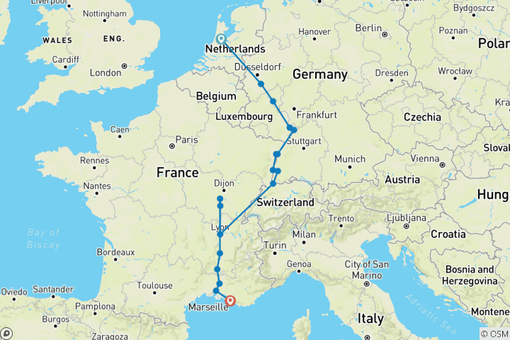 Carte du circuit Découvrez le Rhin et le Rhône 2024|2025 - 15 jours (from Amsterdam to Marseille)