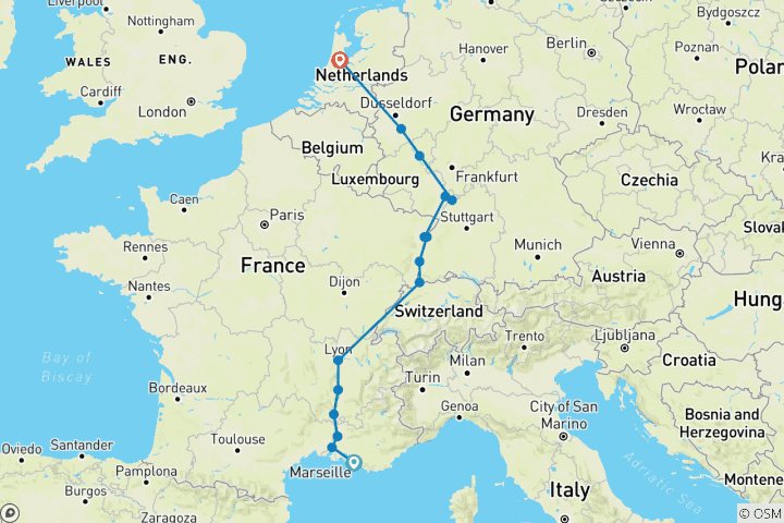 Mapa de Descubre los Ríos Rin y Ródano 2024|2025 - 15 Días (from Marsella to Amsterdam)