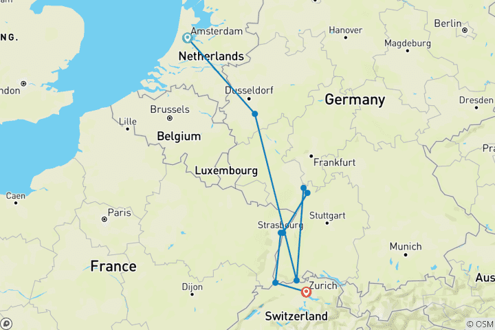 Carte du circuit Les tulipes et le Rhin 2025 - 8 jours (from Amsterdam to Zurich)